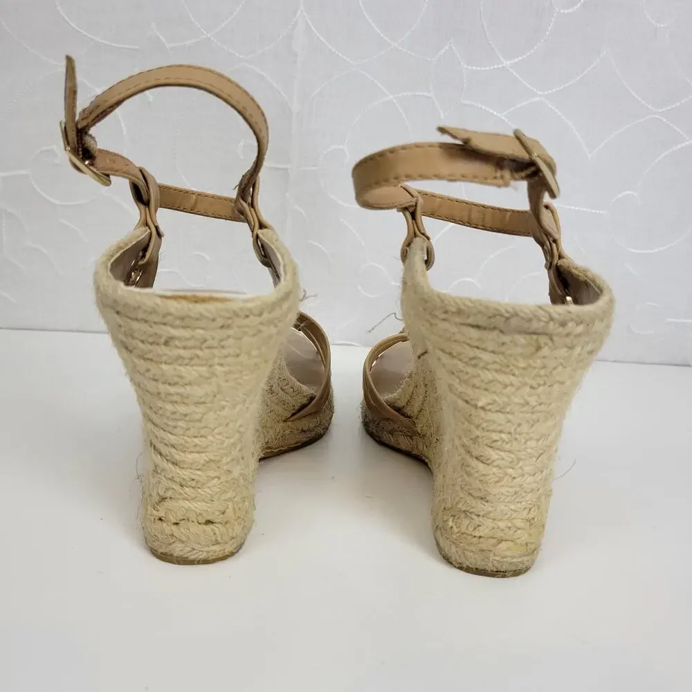 Self Esteem Womens Sandals Size 9 Brown Cork Strap Slingback Wedge Heels